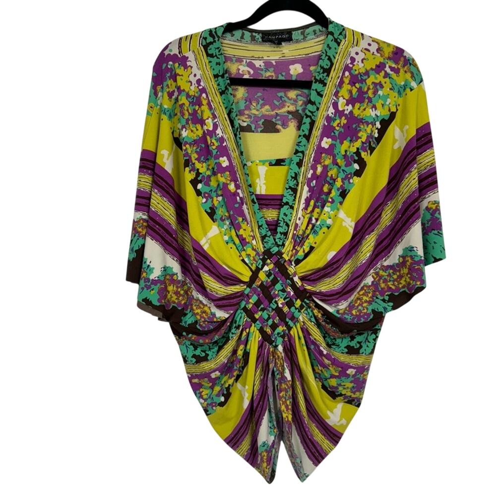 Vintage Rampage Green Purple Batwing Y2K Blouse Women’s M Woven Ruched Tunic Top